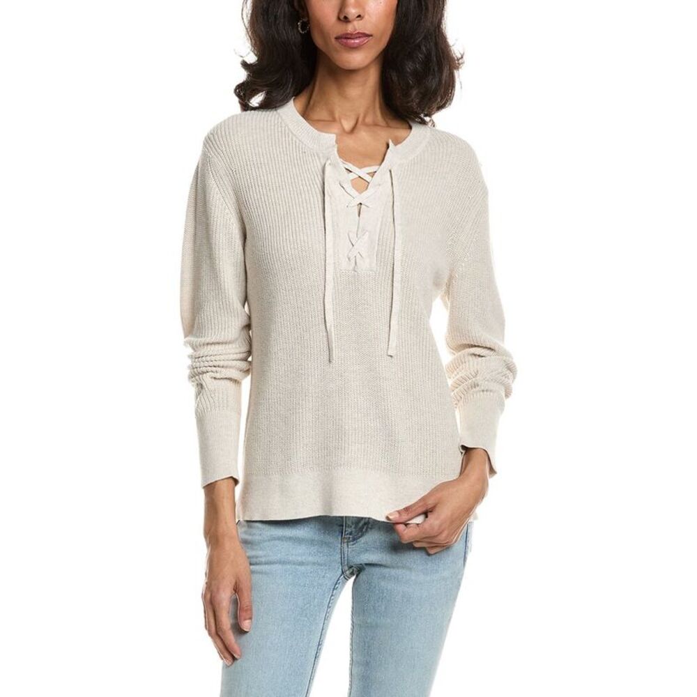 Forte Womens Lace-Up Rib Crewneck Sweater, Brown